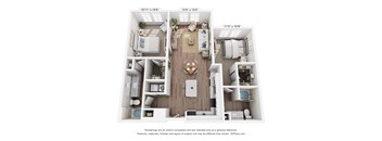 A 3D floor plan of a small apartment with a kitchen, living room, and bedrooms.