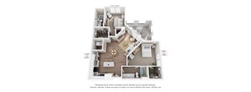 A 3D floor plan of a house with a living room, kitchen, and two bedrooms.