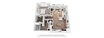 A floor plan of a two-bedroom apartment with dimensions and a disclaimer about the renderings.