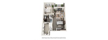 A floor plan of a small apartment with a kitchen, living room, and bedroom at Vestavia Reserve in Vestavia Hills, AL.