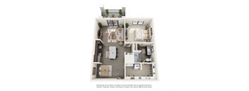 A floor plan of a apartment with a kitchen, living room, dining room, and bedrooms at Vestavia Reserve.