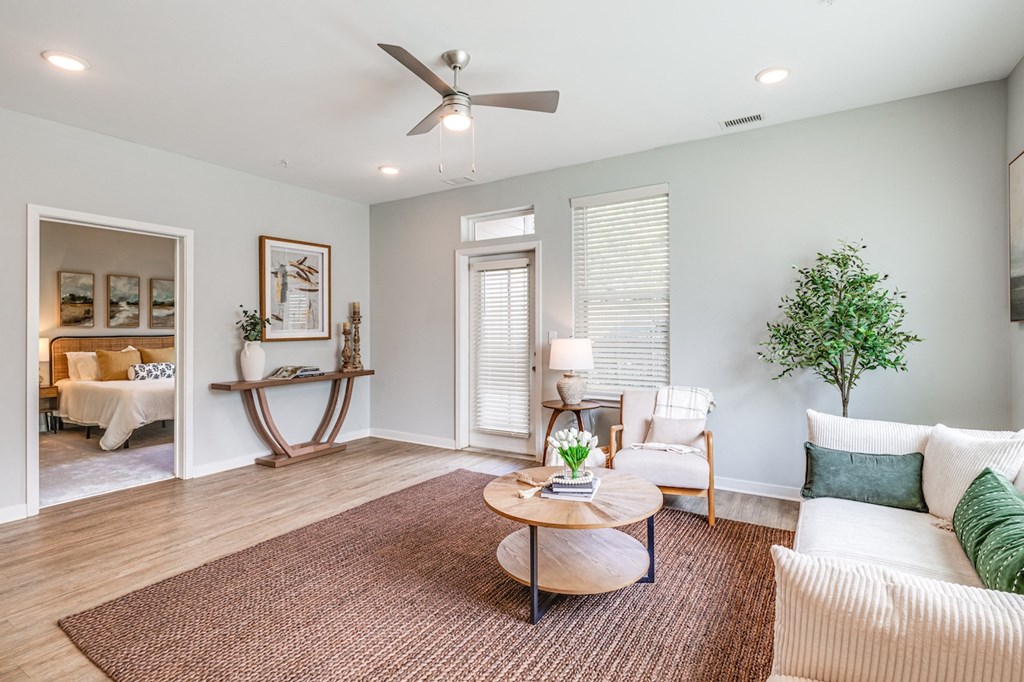 a living room with a couch and a coffee table