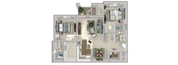 A floor plan of a house with a kitchen, living room, and two bedrooms.