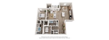 A 3D floor plan of a small apartment with a kitchen, living room, and two bedrooms.