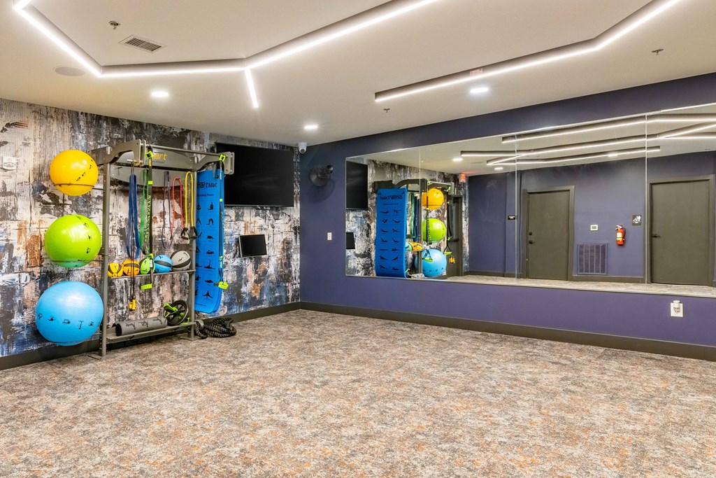 the fitness center has a gym with a blue wall and colorful balls