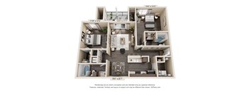 A 3D floor plan of a two-bedroom apartment with a living room, kitchen, and bathroom.