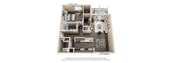A 3D floor plan of a small apartment with a kitchen, living room, and two bedrooms.