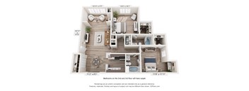 A 3D floor plan of a house with a living room, dining room, kitchen, and two bedrooms.