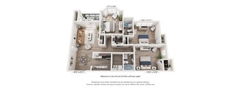 A 3D floor plan of a house with dimensions and carpeted bedrooms.