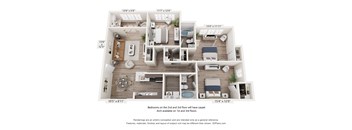 A 3D floor plan of an apartment with dimensions and details of each room.