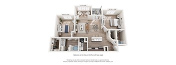 A 3D floor plan of a house with dimensions and carpeted bedrooms.