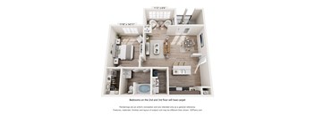 A 3D floor plan of a house with a living room, two bedrooms, a bathroom, and a kitchen.