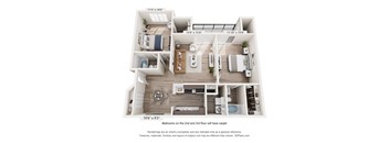 A 3D floor plan of a house with two bedrooms, a living room, a kitchen, and a bathroom.