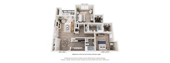 A 3D floor plan of a house with dimensions and carpeting information for the bedrooms.