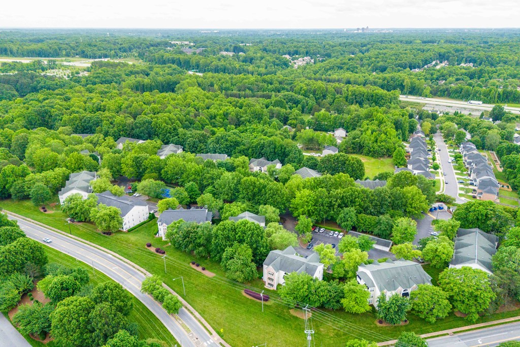 an aerial view of a neighborhood with houses and trees