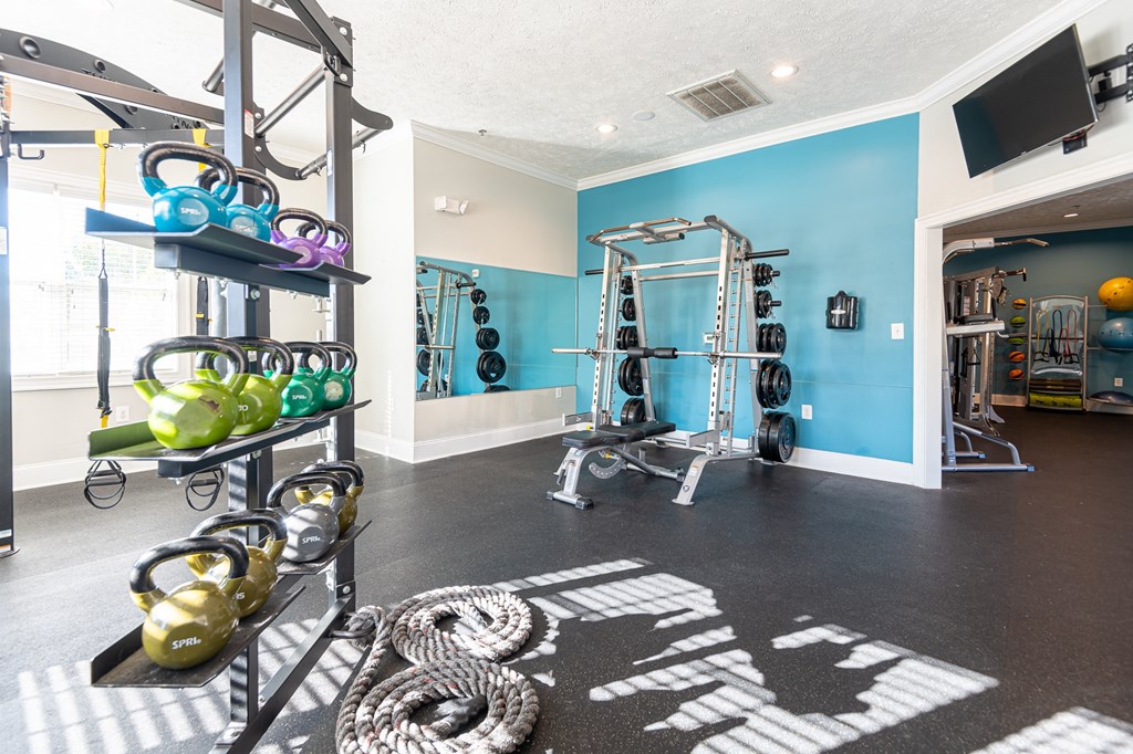 a home gym with weights and cardio equipment and a blue wall