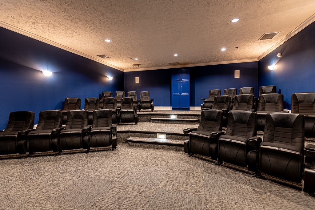 a large screening room with chairs and a blue wall