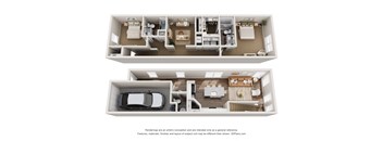 a stylized view of two 3d floor plans of a592 square foot house