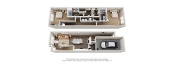 a stylized view of the 1 bedroom floor plan of a 2100 sq ft apartment