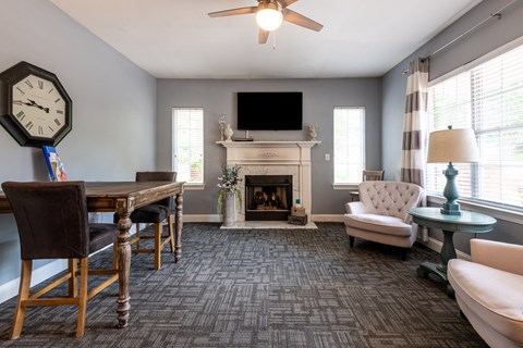 A living room with a fireplace and a television.