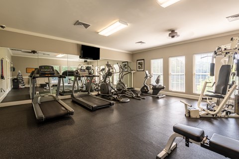 a gym with cardio machines and weights and a tv