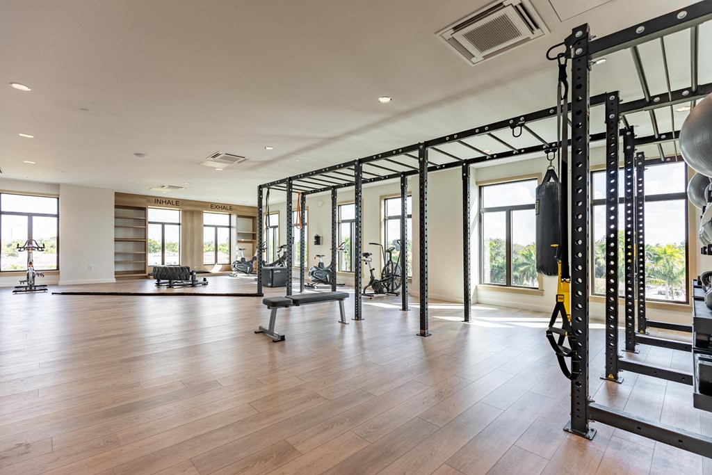 a workout room with weights and mirrors in a home gym