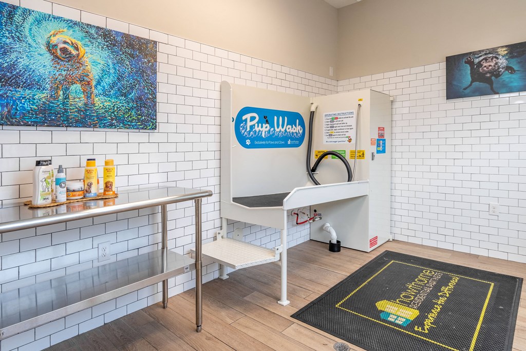 a grooming area with a sink and a painting of a dog
