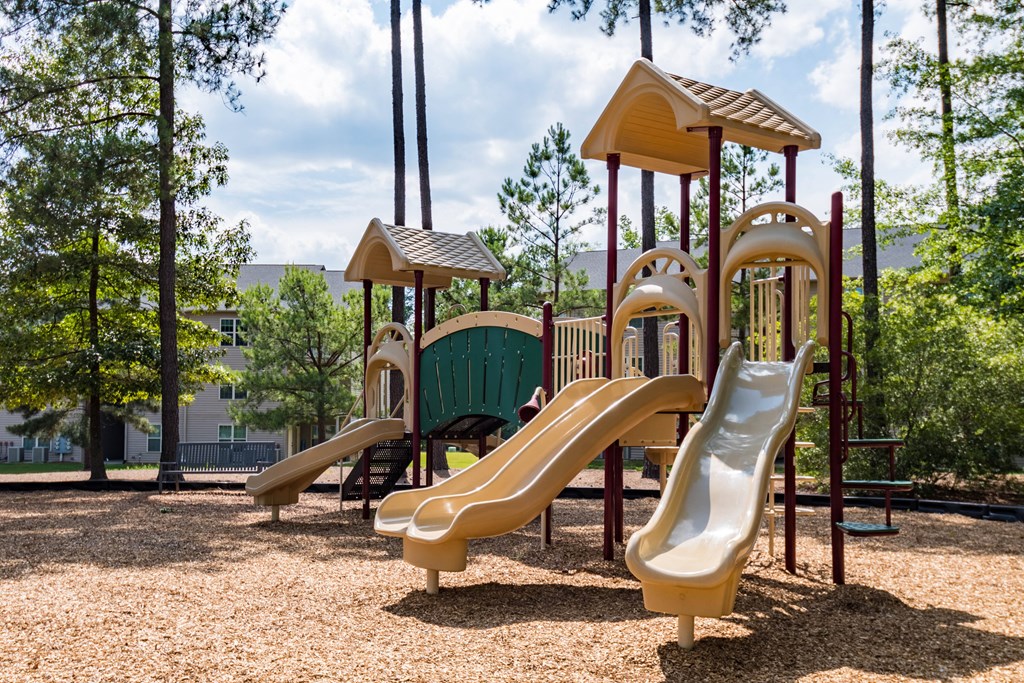 a playground with slides at a park
