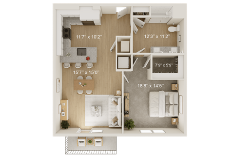 A floor plan of a house with a living room, kitchen, and two bedrooms.