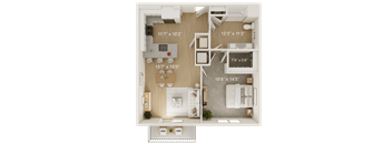 A floor plan of a house with a living room, kitchen, and two bedrooms.