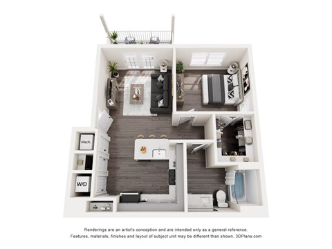 A 3D floor plan of a small apartment with a kitchen, living room, and bathroom.