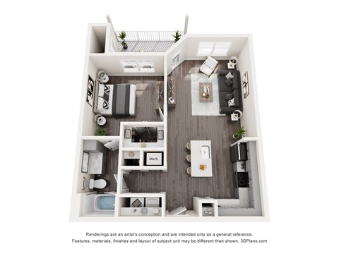 A 3D floor plan of a small apartment with a kitchen, living room, and bathroom.