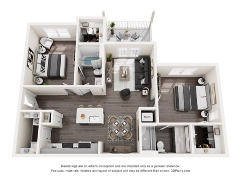 A 3D floor plan of a house with a kitchen, living room, and bedrooms.
