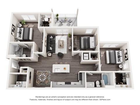 A 3D floor plan of a house with multiple rooms and furniture.