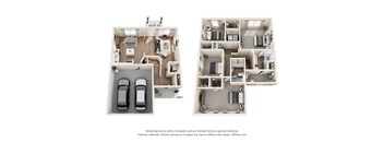 A 3D floor plan of a house with two bedrooms, a living room, a kitchen, a bathroom, and two parking spaces.