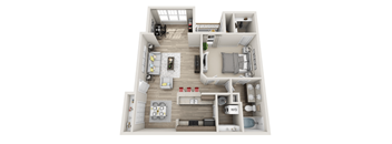 a stylized floor plan with a bedroom and a living room