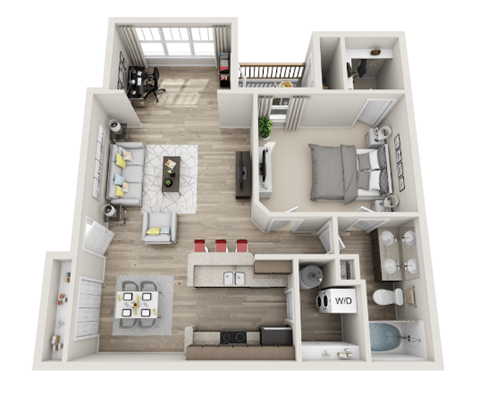 a stylized floor plan with a bedroom and a living room