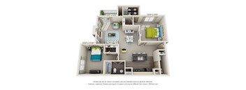 A 3D floor plan of a house with a living room, kitchen, and two bedrooms.