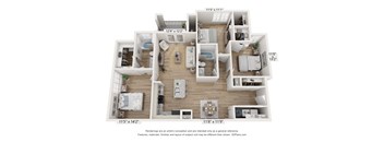 A 3D floor plan of a house with a kitchen, living room, and bedrooms.