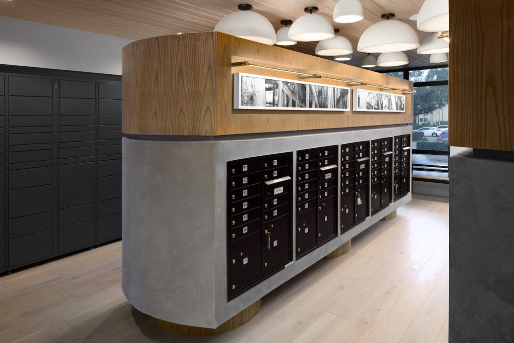 A long row of black mailboxes are lined up on a concrete wall.