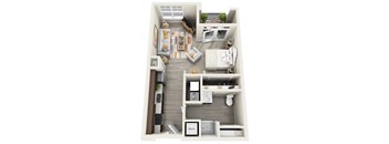 A top-down view of a small apartment with a kitchen, living room, and bathroom.