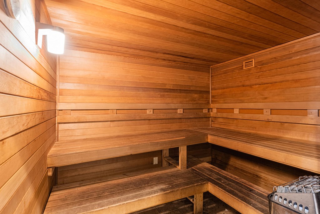 a large sauna with wooden benches and a bed