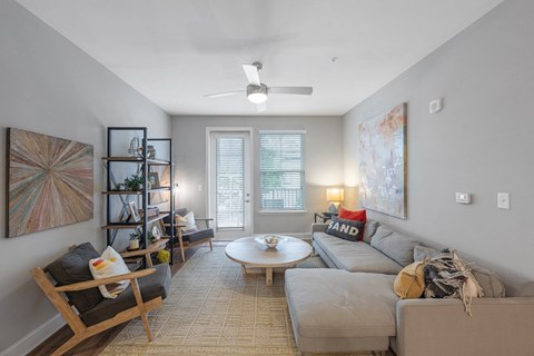 a living room with a couch and a coffee table