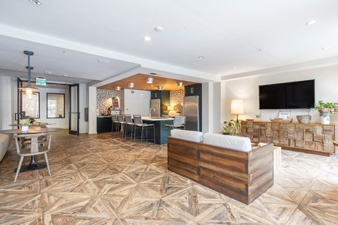 a view of the lobby of a hotel with a reception desk