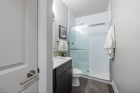 a bathroom with a shower and a sink and a toilet