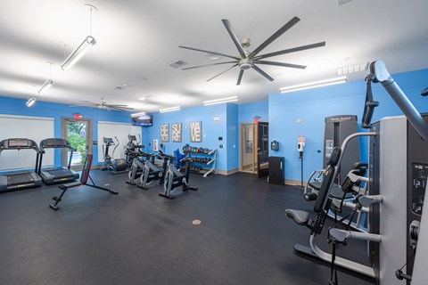 a gym with exercise equipment and a ceiling fan