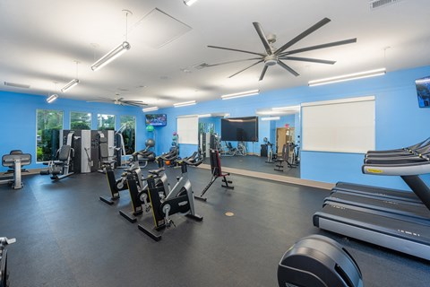 a gym with cardio machines and weights and a projection screen