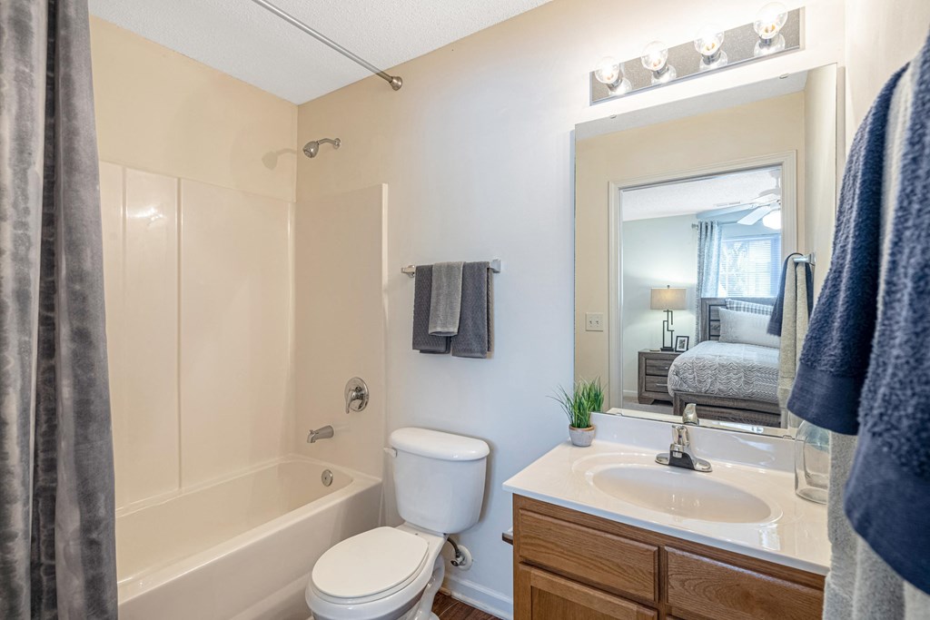a bathroom with a toilet sink and tub and a mirror