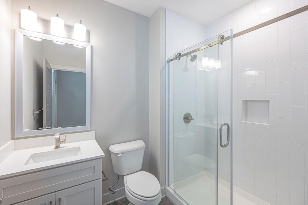 a bathroom with a shower and a sink and a toilet