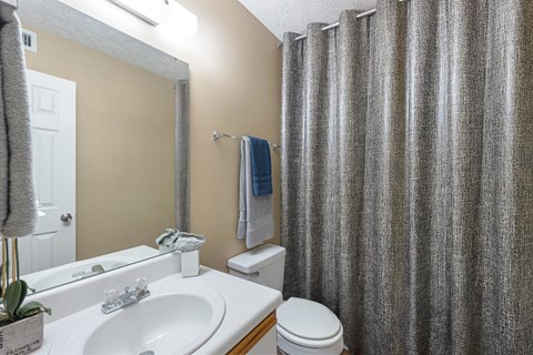 a bathroom with a shower and a sink and a toilet